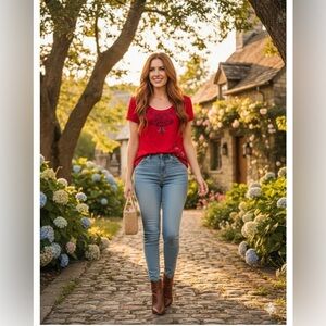 Stunning Johnny Was Red Embroidered Rose Floral Top Blouse - Size S - Boho Chic"